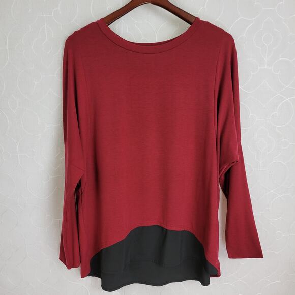Womens Tunic Top Burgundy Over Black Button Back Round Neck Pullover Long Sleeve - Picture 1 of 6